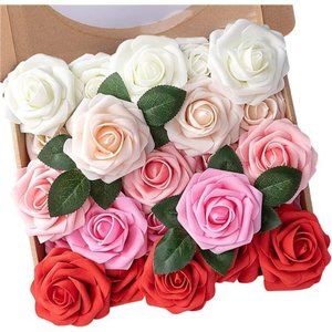 Artificial Flowers 25pcs Real Looking Artificial Roses w/ Stems for Wedding DIY